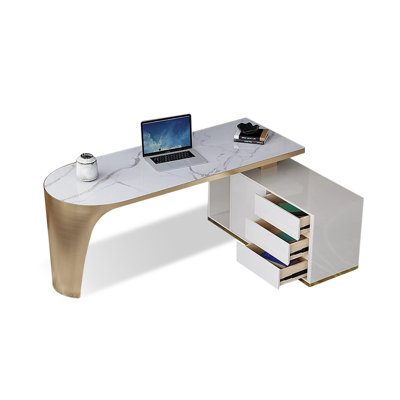 White L-Shaped Sintered Stone Executive desk with drawers desk