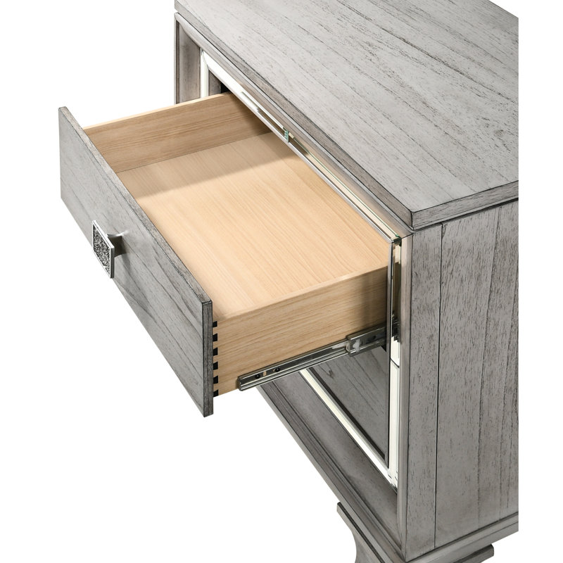 Table de chevet en bois massif gris avec 2 tiroirs et finition élégante en miroir 2 accents - Tenace