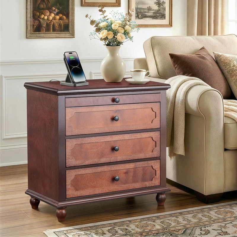 Table de chevet en bois massif MDF P2 3 tiroirs USB Type-C Power 3 tiroirs 28,3 pouces, Brun