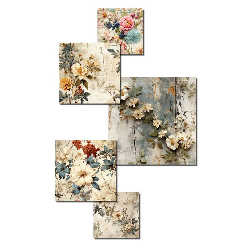«Vintage Patchwork Floral Flightiness» - ensemble de 5 décorations murales en patchwork