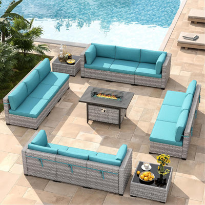 12 - Person Outdoor Wicker Patio Conversation Furniture Set with Fire Pit Table