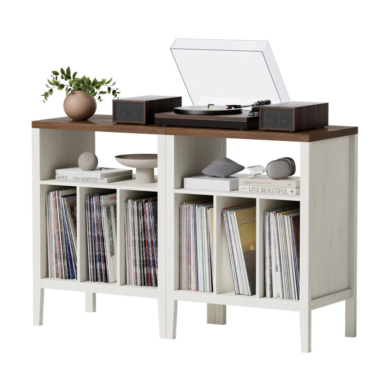 Farmhouse Wood  Record Player Stand  For Bedroom, Living Room, Rustic White/Honey Brown