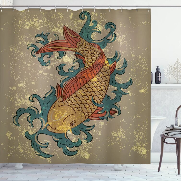 World Menagerie Oldenzaal Japanese Grunge Asian Style Oriental Cold Water Koi Carp Fish Aquatic Distressed Pattern Single Shower Curtain