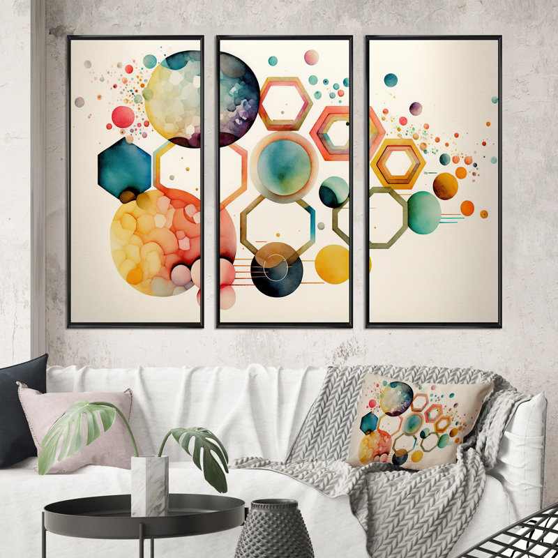 «Majesta Hexagon And Circular Abstract V», reproduction de 3 pièces sur toile, Cadre noir, H 28 po x l 36 po x P 1 po