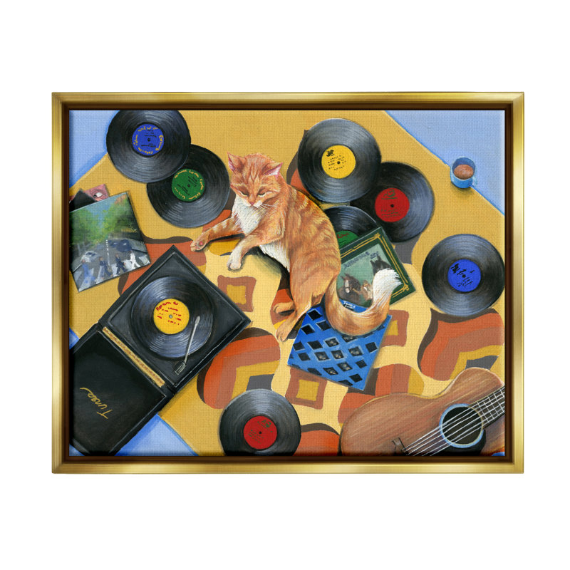 Chat et tourne-disque rétro par Hannah Spiegleman, H 25 po x l 31 po x P 1,7 po, Cadre flottant noir de jais