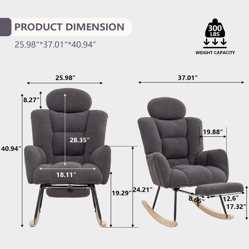 Chaise berçante d'allaitement avec repose-pieds MINCETA, chaise de chambre de bébé moderne pour l'allaitement et la détente, fauteuil coulissant rembourré avec soutien de la tête, conception ergonomique à haut dossier pour la mère et le bébé qui allaite, gris
