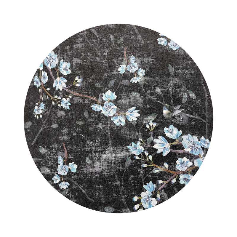 Blossom Fantasia Vegan Leather Round Coasters, Black Blue