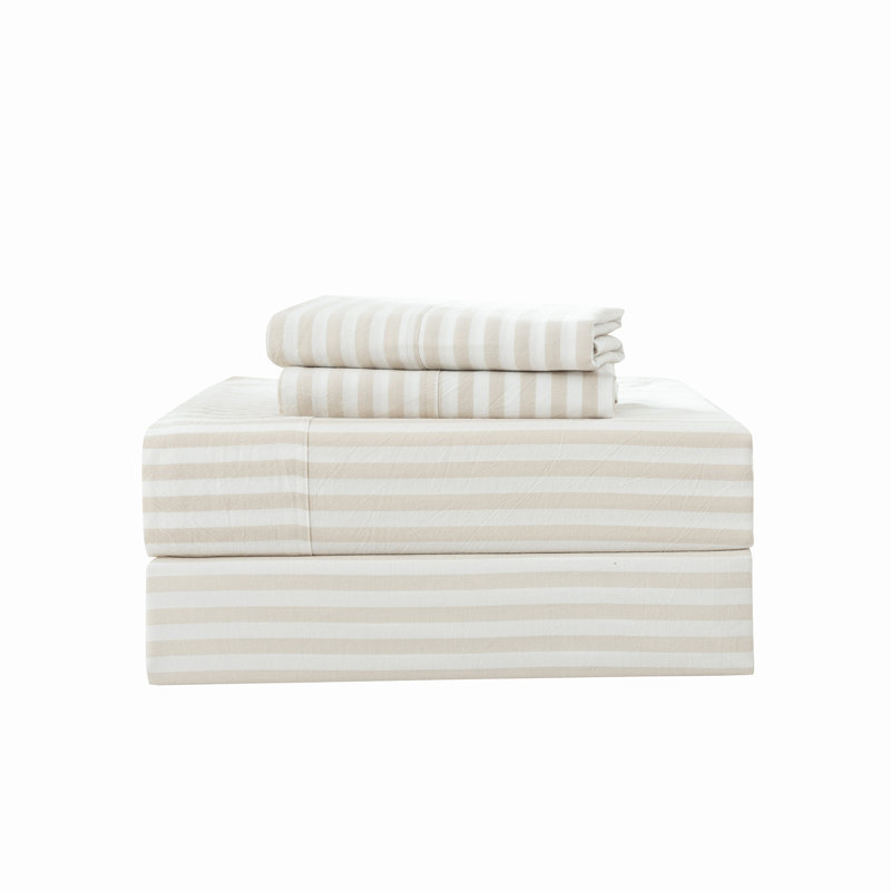 MooMee Striped Sheet Set 100% Washed Cotton Linen Like Textured Breathable Lightweight, King Sheet Set with 2 Pillowcases