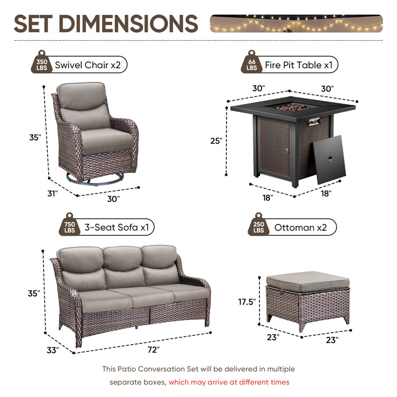 Amaris 6-Piece Outdoor Wicker Patio Square Metal Fire Pit Table Conversation Set With Swivel Gliders And Ottomans, Brown