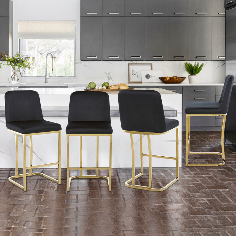 Modern Upholstered Counter Height Bar Stool With Metal Frame, Black/Gold, Extra Tall = 35” Seat Height