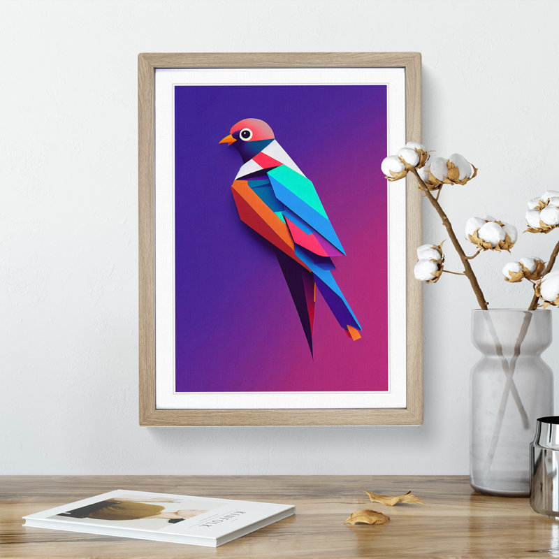 Colourful Bird No.4 Abstract - Single Picture Frame Painting, Oak Framed, 46cm H x 34cm W x 2cm D