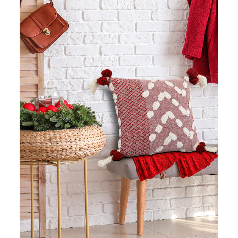Contemporary Geometric Motif Tasseled Hand-Made 100% Cotton Decorative Throw Pillow, Pillow Cover Only - No Insert, Red