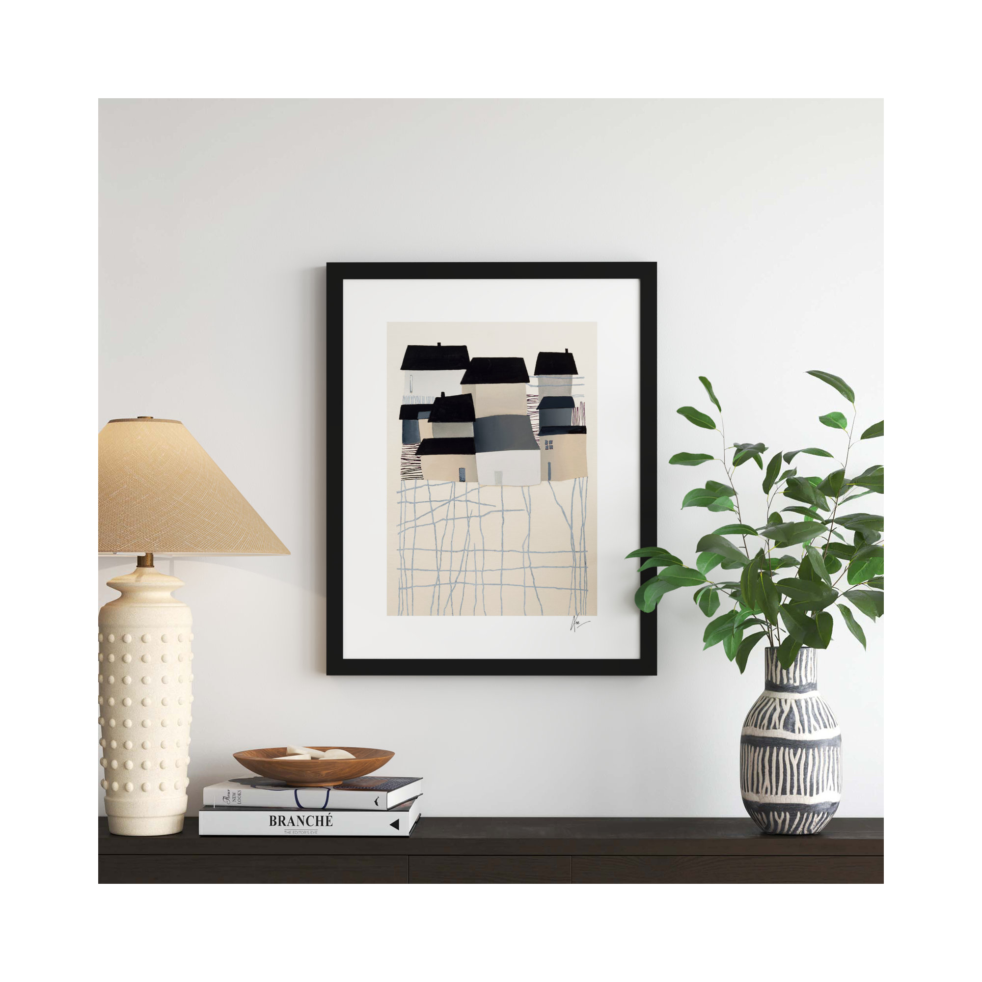 Village by Lee Lessem, 30" H x 24" W x 1.25" D, Black
