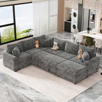 112.2" Sectional Sofa Pull-out Sofa Bed Sleeper with a Storage Ottoman,Three Pillows and Charging Devices for Living Room
