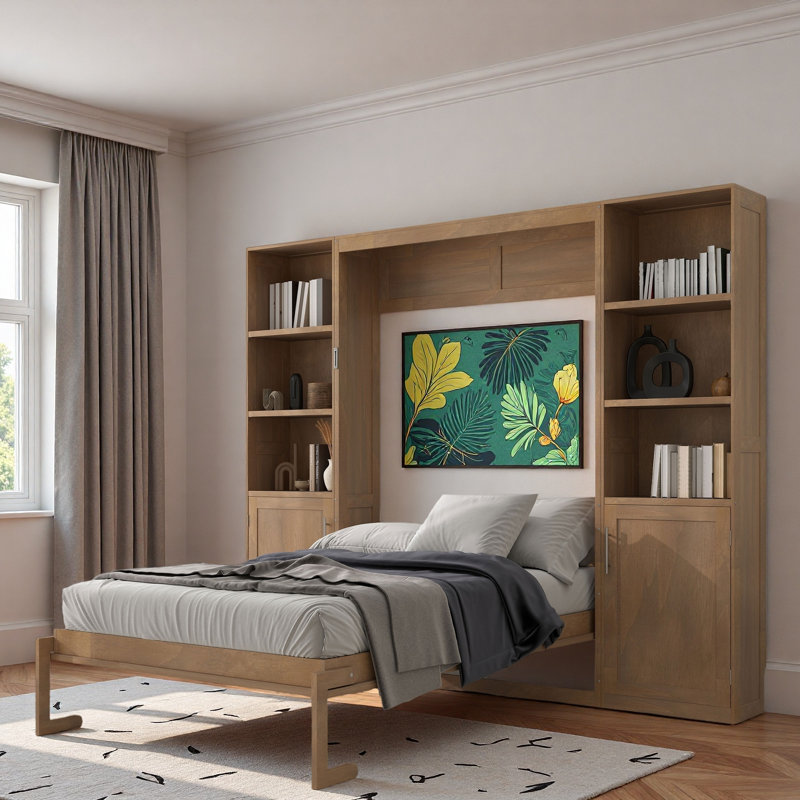 Lit escamotable en bois avec tablettes et armoires de rangement