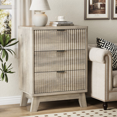 3-Drawer Fluted Nightstand with Storage, 24" Wide Mid Century Modern Bedside Table, Wooden End Table with Metal Handles & Splayed Legs, Small Dresser