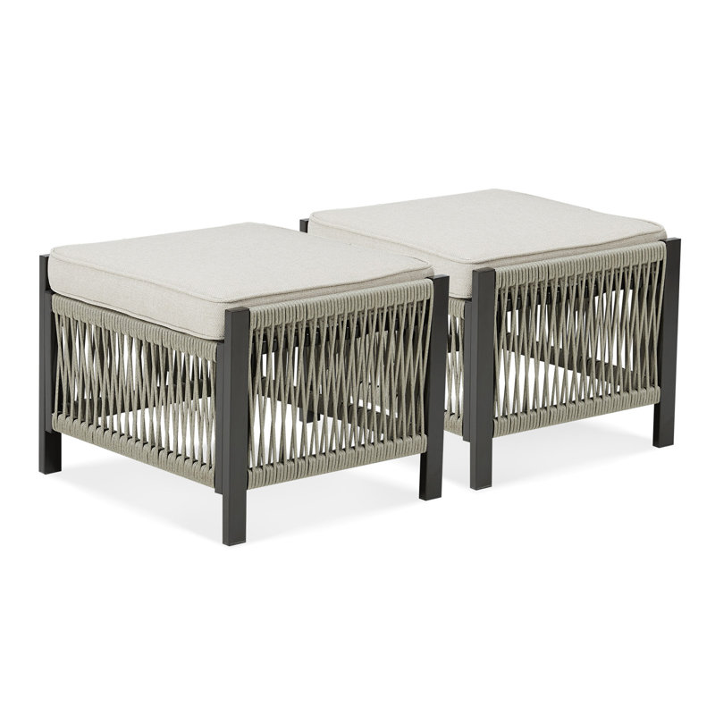 Ensemble de 2 repose-pieds d'extérieur en osier PE avec coussin beige pour cour ou terrasse