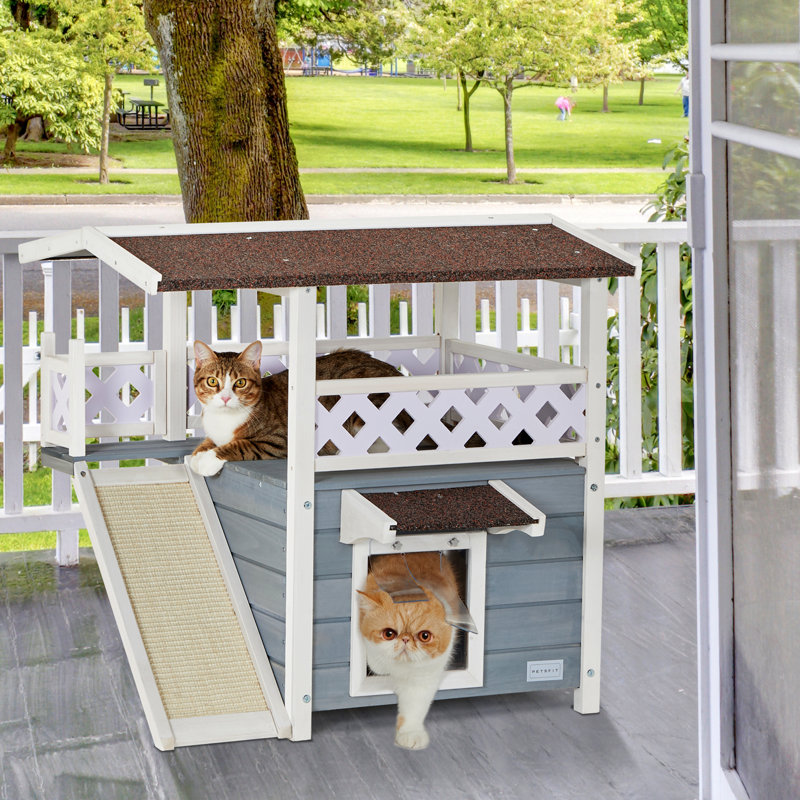 Durable Roof Cat House Outdoor Weatherproof with Scratching,30"D x 22"W x 29"H,Gray
