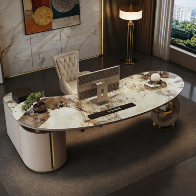 Bureau de coin en L en pierre frittée de luxe clair, table de direction moderne minimaliste, bureau d'ordinateur haut de gamme à dalle de pierre incurvée et bureau de direction d'étude à domicile