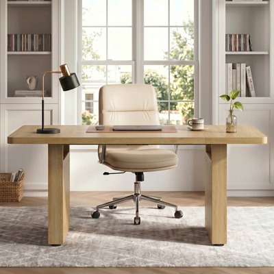 Aayat 63" Fluted Executive Desk, Morden Workstation With Thickened Tabletop, Large Writing & Conference Table For Home Office Or Dining-Nature oak