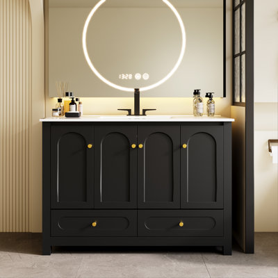 Meuble-lavabo simple 48 po avec comptoir 48 po, 4 portes à fermeture douce et 2 tiroirs, armoire de rangement moderne pour salle de bain, noir