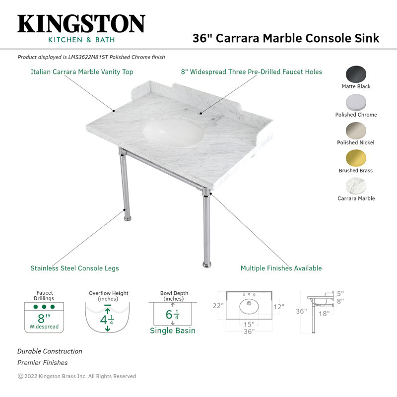 Kingston Brass Wesselman 36-Inch Carrara Marble Console Sink with Stainless Steel Legs (8-Inch, 3-Hole)