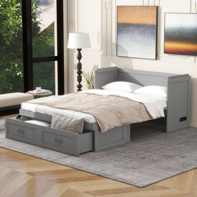 Lit en gris, capacité et abondance de tiroirs Lit gris, configuration spacieuse compatible