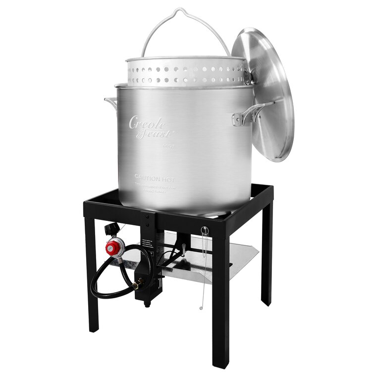 Creole Feast Sbk0601, 60qt Seafood Boiling Kit With Strainer, Outdoor Aluminum Propane Gas Boiler With 10 Psi Regulator, 100,000 Btu Jet Burner, Black&sliver