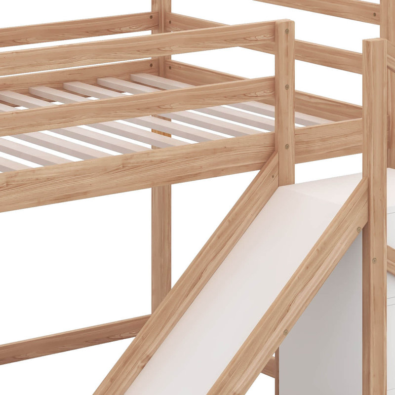 Armadeo Twin over Twin House Loft or Bunk Bed with Slide and Staircase, Natural