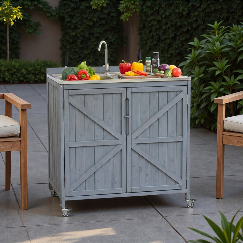 Îlot de cuisine extérieur avec évier en acier inoxydable, supports de rangement internes, tablettes et roues réglables