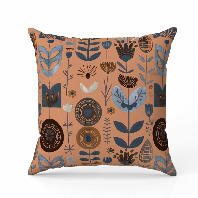 Coussin en suède Baltic Blossoms, Carré 20 po, Bleu / brun / orange