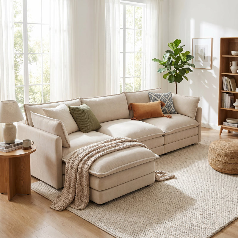 Canapé modulaire en L à 3 places avec repose-pieds ModuHaven, canapé rembourré en chenille avec 5 coussins, structure en bois massif robuste, mobilier de salon moderne, assemblage facile