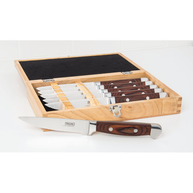 Viking Steakhouse Pakka Wood 6-Piece Steak Knife Set with Wooden Box, Red