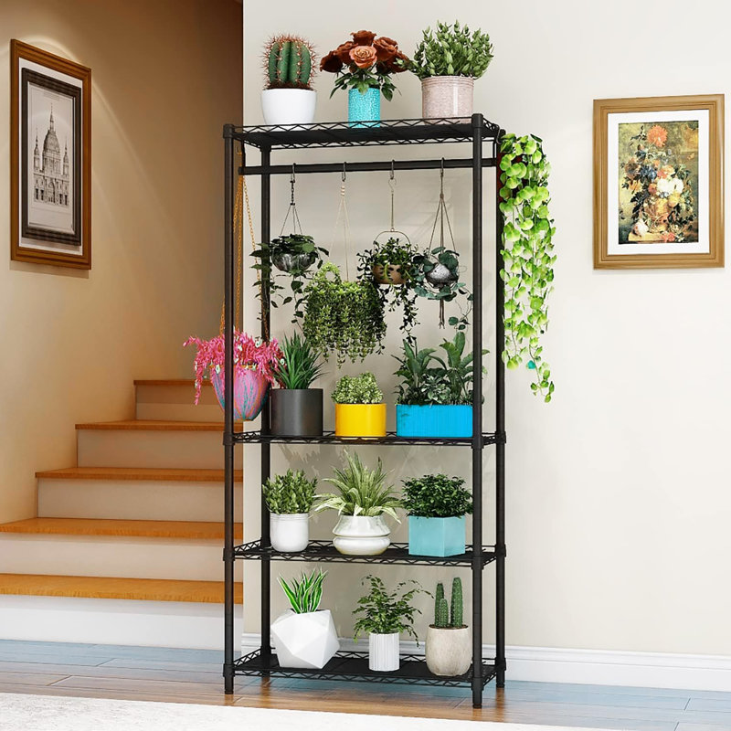 Support pour plante d'intérieur et extérieur à niveaux en métal avec tablettes réglables et tringle, indispensable pour la chambre à coucher, le balcon et le jardin