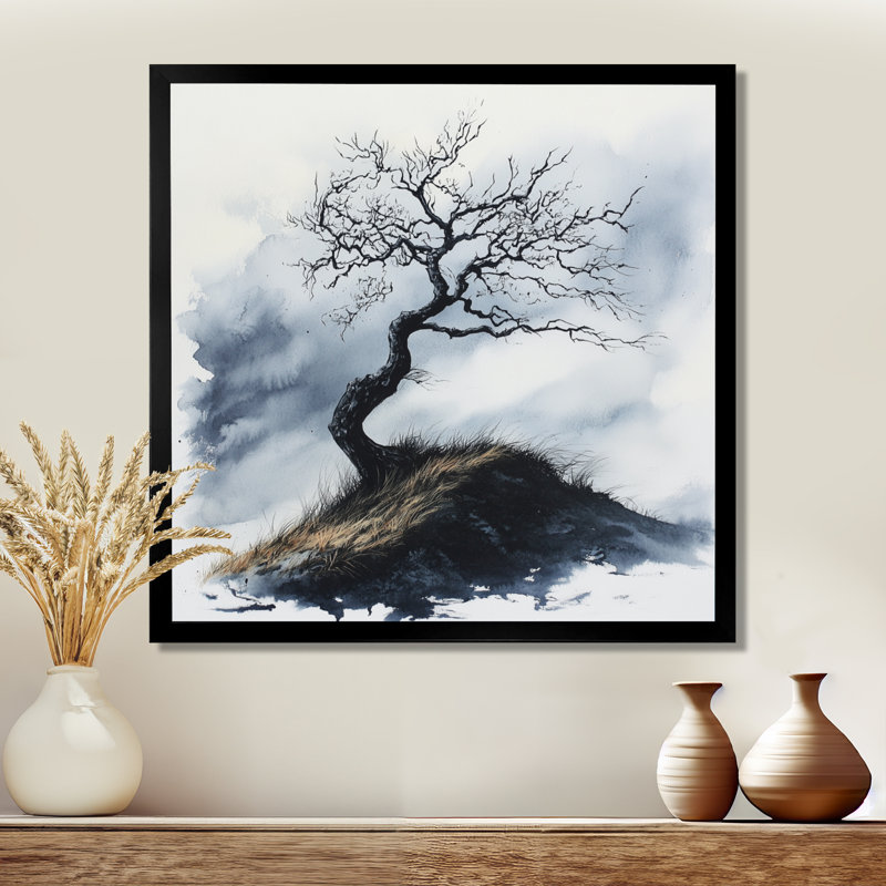 Arbre balayé par le vent, noir et bleu, sur la colline I - Tableau encadré, H 16 po x l 16 po, Black Picture Framed