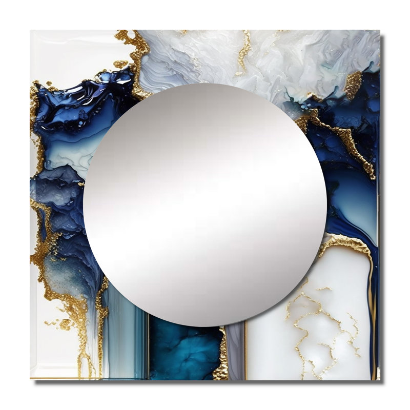 Miroir abstrait en marbre blanc et bleu I Geode, 23 po x 23 po