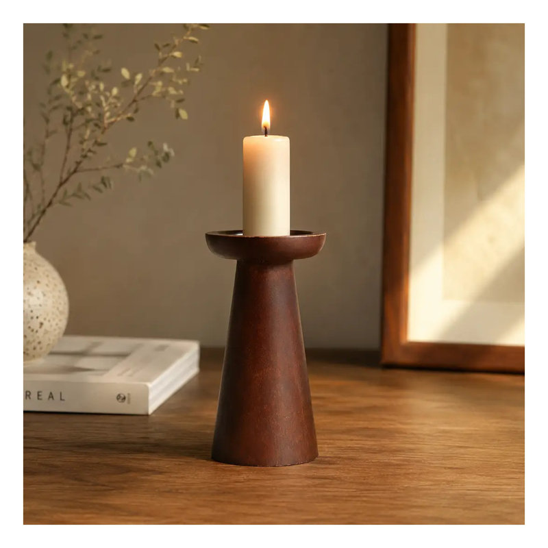 Solid Mango Wood Pillar Candle Holder with Iron Plate, Natural Finish