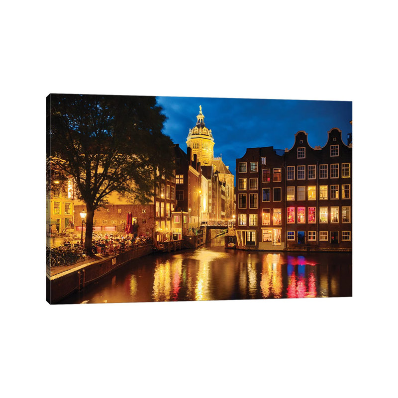 Night In Amsredam With Illuminated Buildings, Netherlands by George Oze - Wrapped Canvas Painting, 20.32 cm H x 30.48 cm W