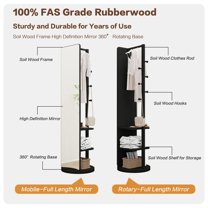 Black Solid Wood Full-Length Mirror with Coat Rack