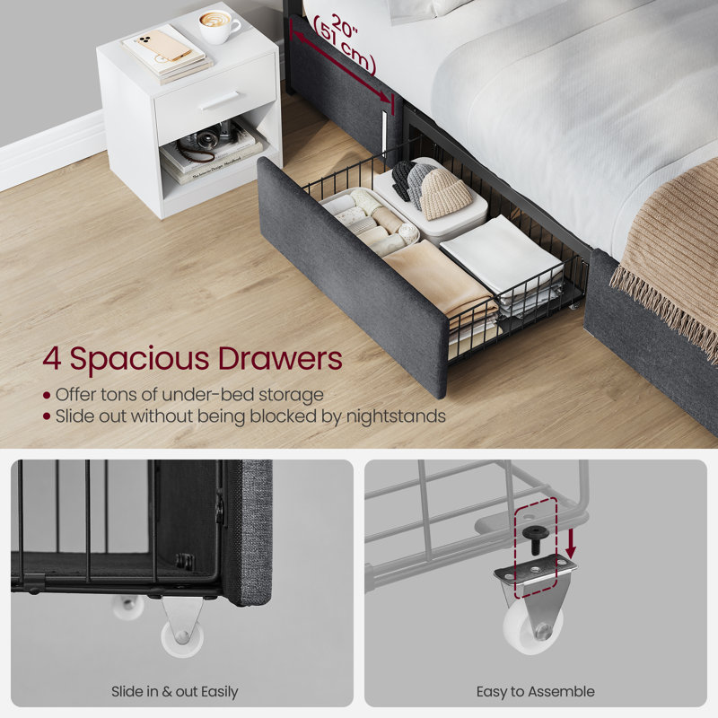 Fehi Upholstered Bed Frame with Headboard, 4 Storage Drawers，Charging Station, Sensor Night Lights, Queen
