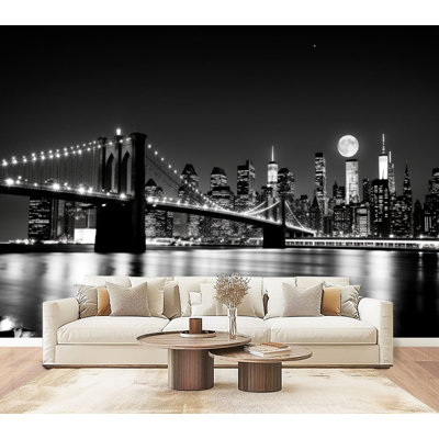 Papier peint auto-adhésif Brooklyn Bridge Skyline Night Pleine lune noir et blanc H 69 po x l 96 po, papier peint amovible en PVC pour chambre à coucher, bureau à domicile