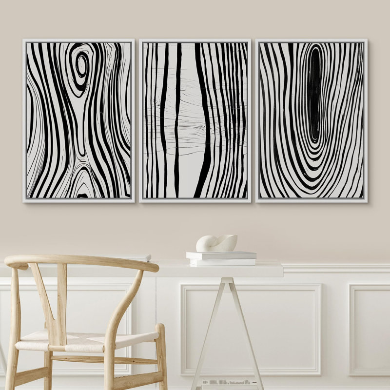 Linear Geometry " Grey And Black Mid-Century Geometric Spiral Ring Landscape Abstract Illustration Modern Ultra " 3 - Pieces