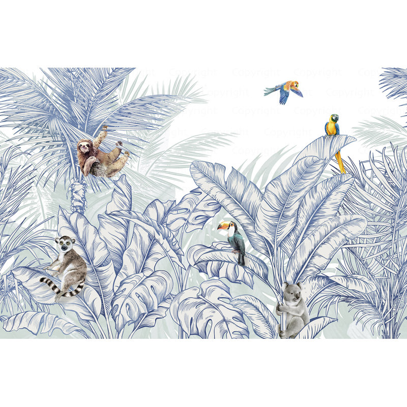 Papier peint faune jungle tropicale, Bleu, L 82 po x l 122 po