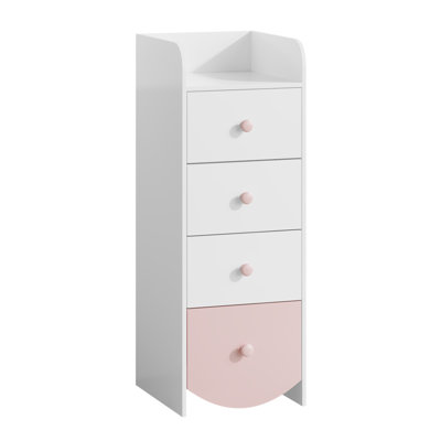 Commode pour enfants avec 4 tiroirs, armoire de rangement étroite pour chambre d'enfant, commode en panneau de fibres à densité moyenne avec fond rond, organisateur de chambre de bébé, blanc