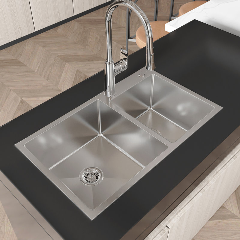 Évier double 32 po x 19 po x 10 po, acier inoxydable satiné, surface teintée, acier S304 simple à installer, coussin insonorisant, option de lavabo polyvalente