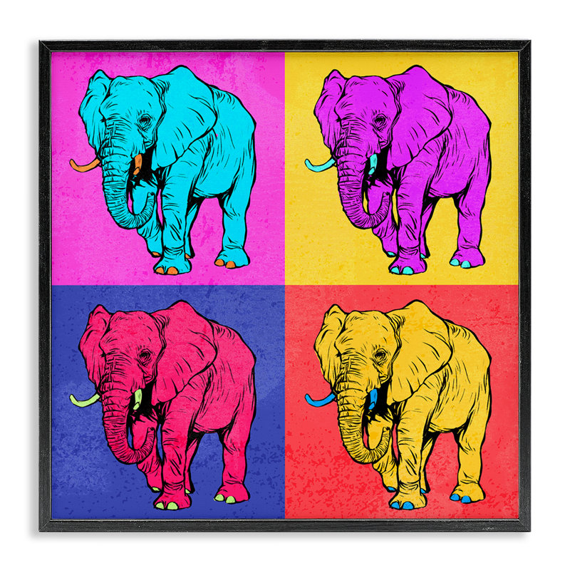 «Bold Pop Elephants», art de la giclée encadrée par Ziwei Li, H 12 po x l 12 po, Giclée encadrée noir minuit