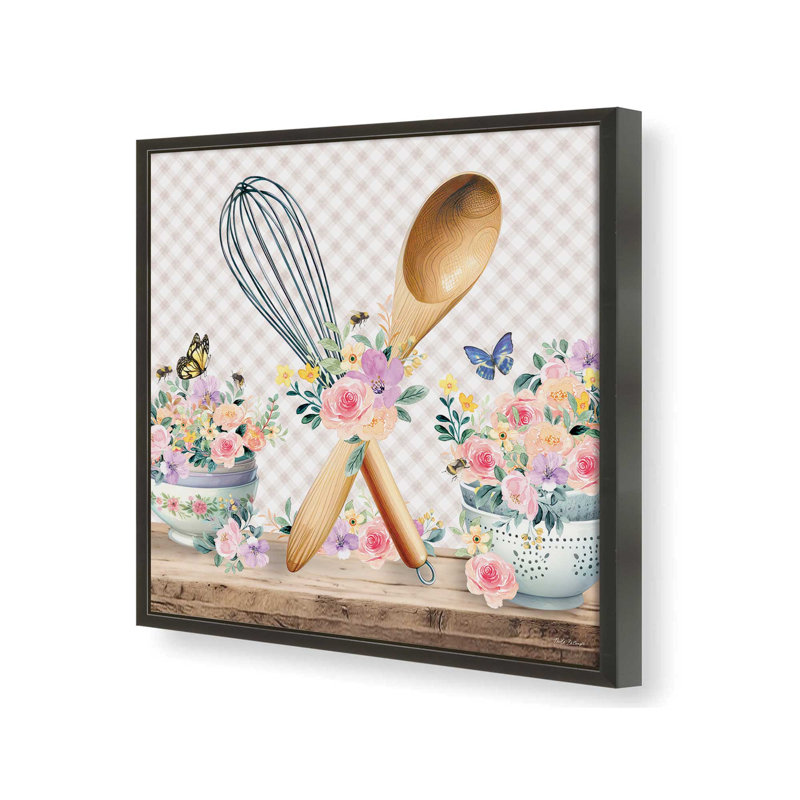 «In the Kitchen Whisk & Spoon» par Nicole DeCamp, reproduction d'art, Black, L 36 x H 36, Impression encadrée