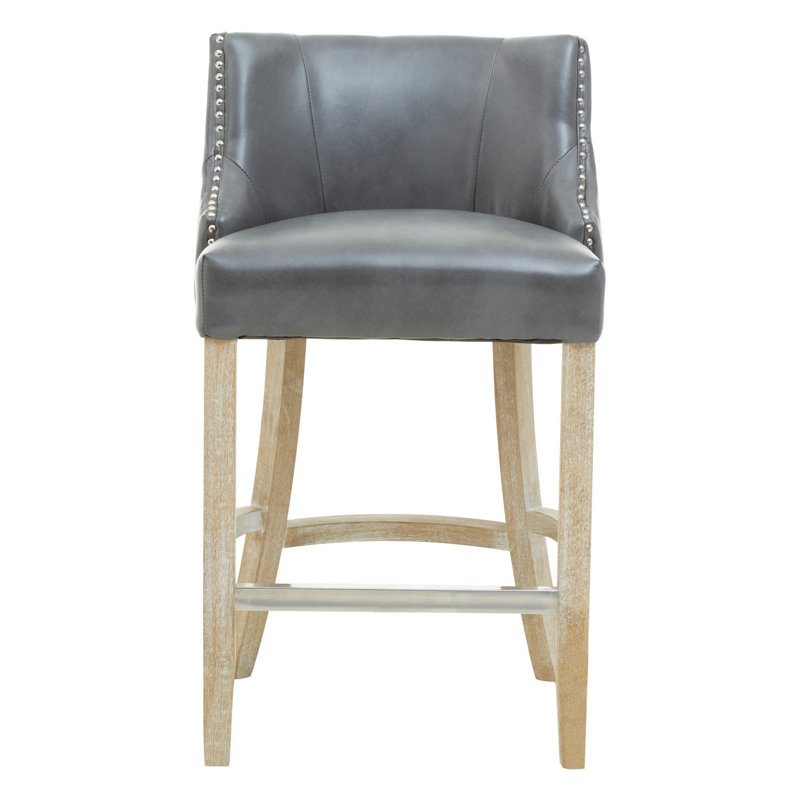 Brodeur Upholstered Counter Stool with Solid Wood Frame, Grey, Oak