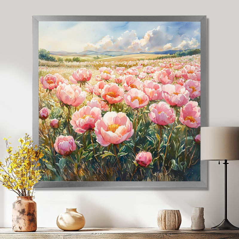 Pivoines dans le champ ensoleillé II - pivoines, art mural pour le salon, Reproduction encadrée d'une seule photo