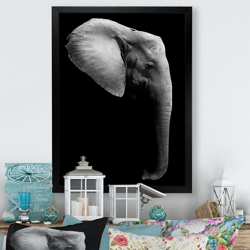 Éléphant d'Afrique en noir et blanc - Impression sur toile, Cadre photo noir, H 20 po x l 12 po